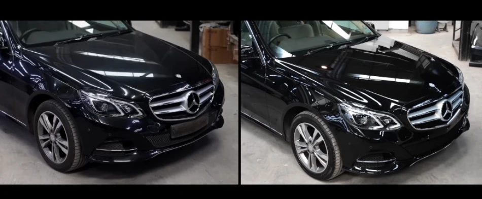 Before and after auto detailing result on a car in Bend, Oregon showing paint correction and cinder dust removal